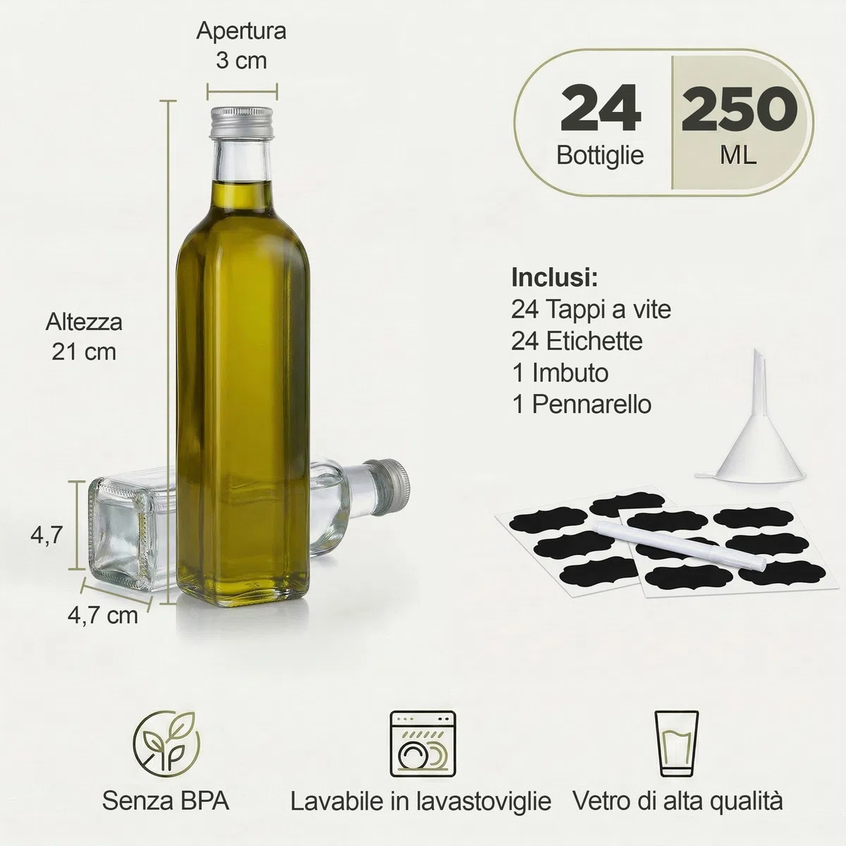 24 bottiglie vetro 250ml – bottigliette di vetro piccole 250 ml – bottiglia vetro 250 ml – per liquore sciroppi olio – tappo a vite – con etichette imbuto matita