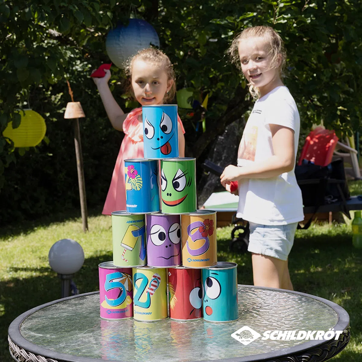 Schildkröt Gioco del Lancio della Lattina per Feste di Compleanno di Bambini, Gioco da Giardino, 10 Lattine di Metallo e 3 Sacchetti, per Interni ed Esterni