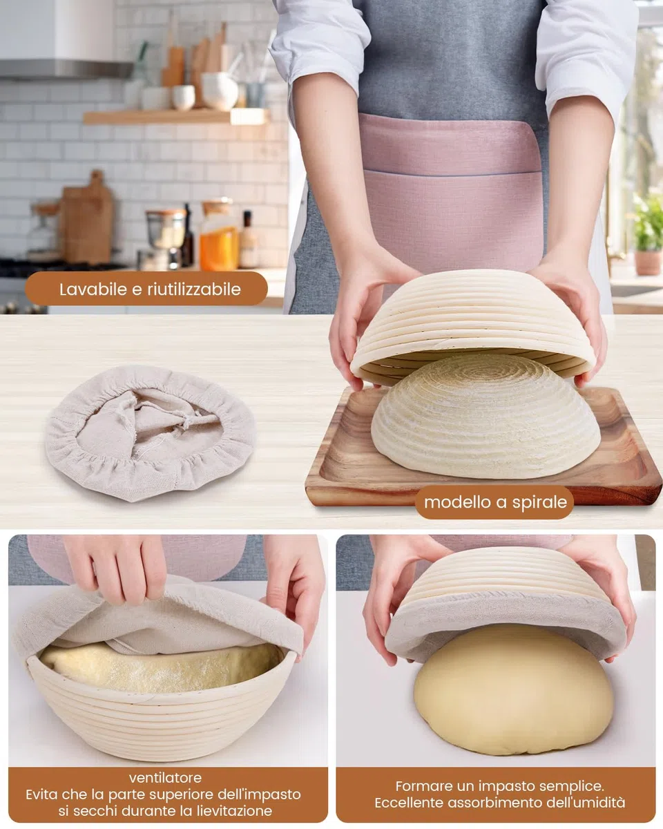Cestino da Lievitazione per Pane, PITCH PULSE Cesto Lievitazione Pan in Rattan Naturale, Banneton per pane, Ciotola lievitazione con Tela di Lino, Raschietto Pasta e Lame Taglierina Pane