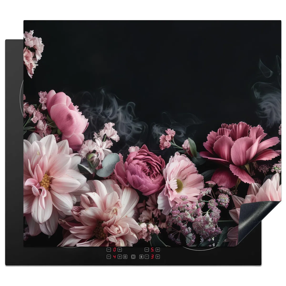 KitchenYeah© Copri Piano Cottura 60x52 cm Coprifornelli Tappetino per Induzione Fornello Tutto per la Cucina Fiori - Rosa - Natura - Nero