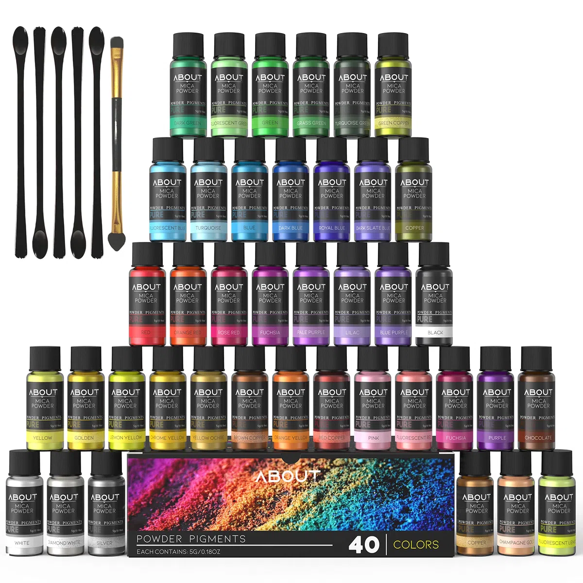 Mica - Polvere epossidica, 40 colori, 5 g, pigmenti cosmetici naturali, adatto per resina epossidica, colore sapone, lucidalabbra, smalto per unghie, produzione di candele, bombe da bagno