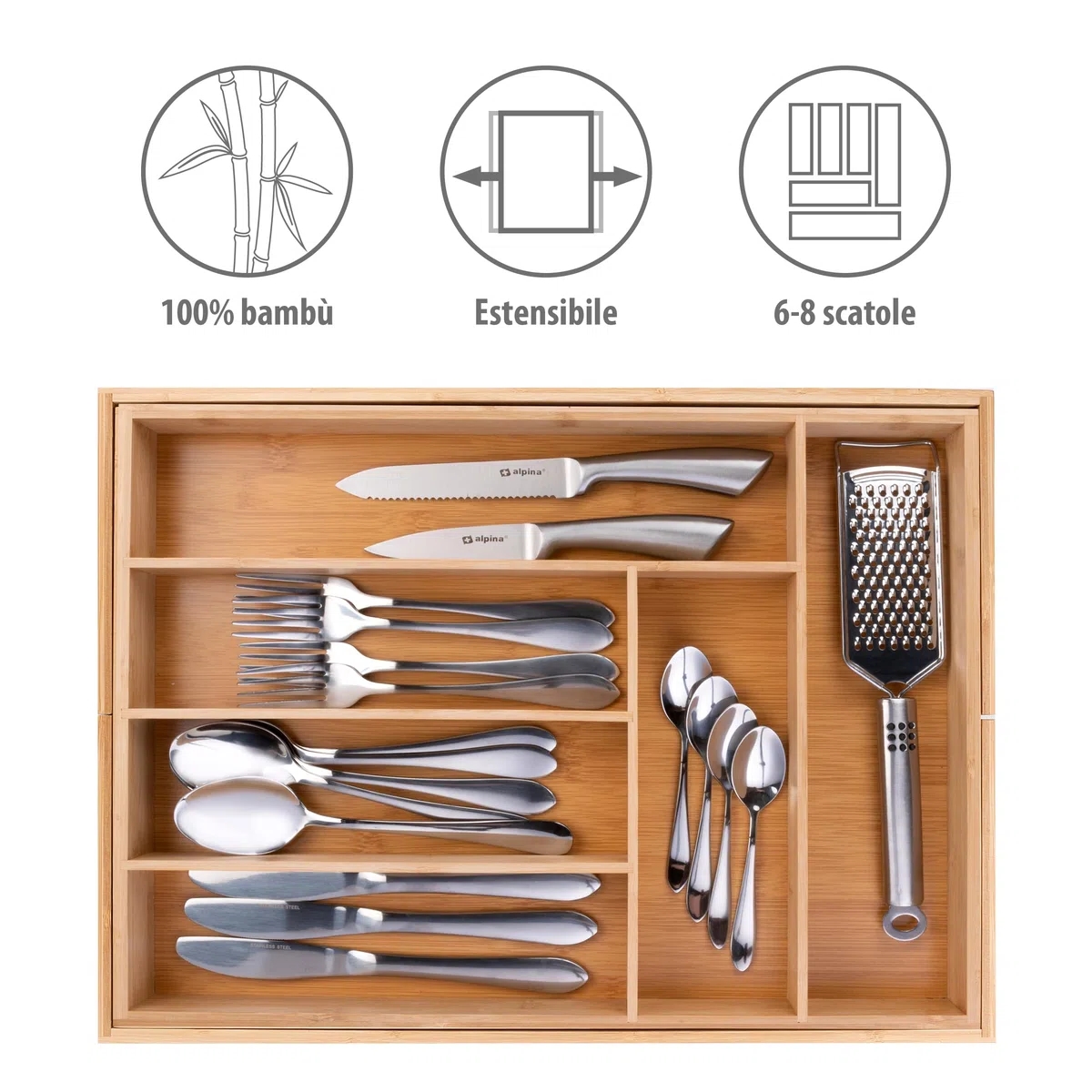 alpina Portaposate da Cassetto - Organizer Casetti Cucina Estensibile 46 x 34-56,5 x 6 cm - Organizzatore Cassetti con 6 a 8 Scomparti - Per Utensili da Cucina, Occhiali da Sole e Altro - Bambù
