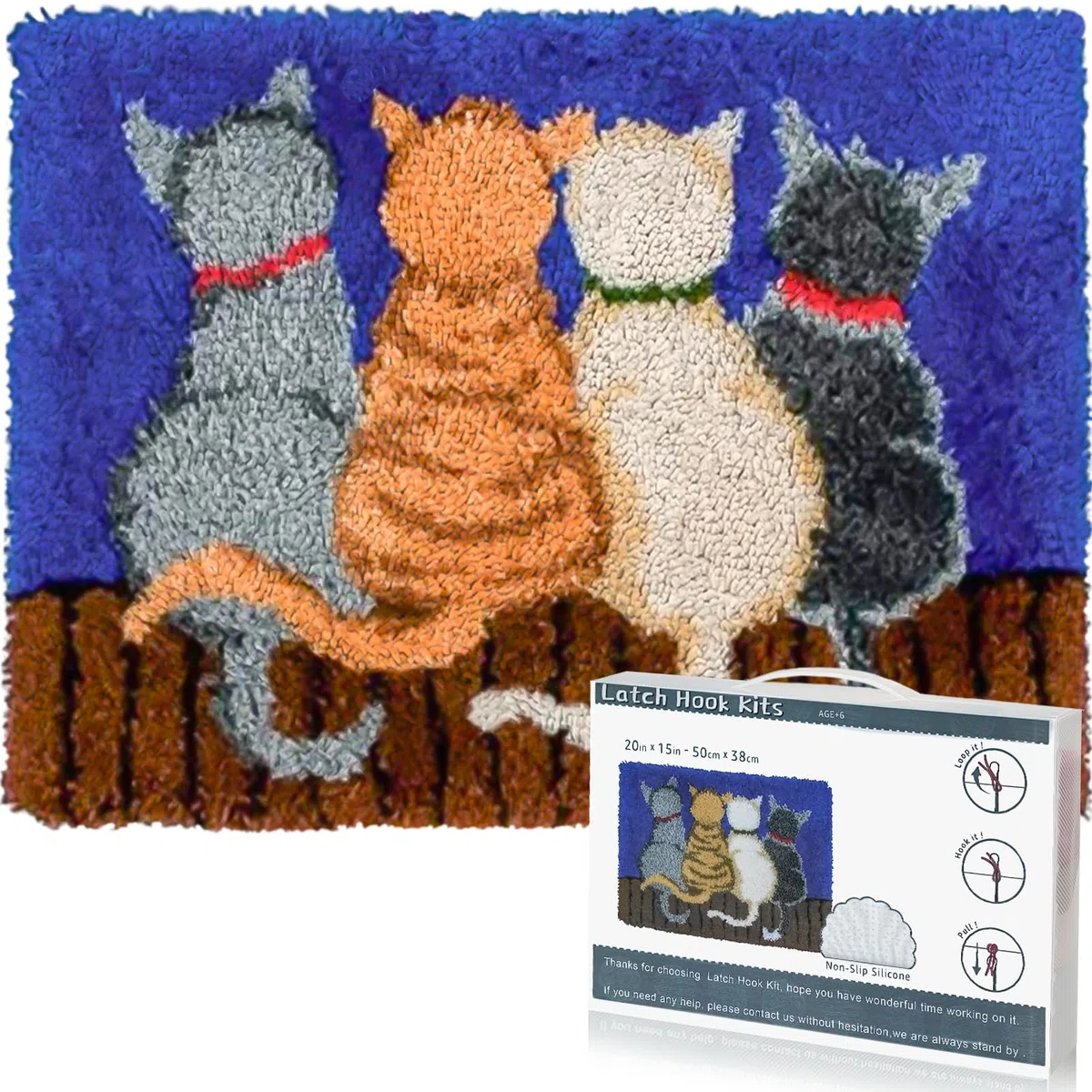 EsLuker.ly Kit di tappeti fai da te all'uncinetto per adulti e principianti, motivi di gatti, tela prestampata per tappeti, decorazione creativa per la casa, ideale per imparare a creare tappeti, blu