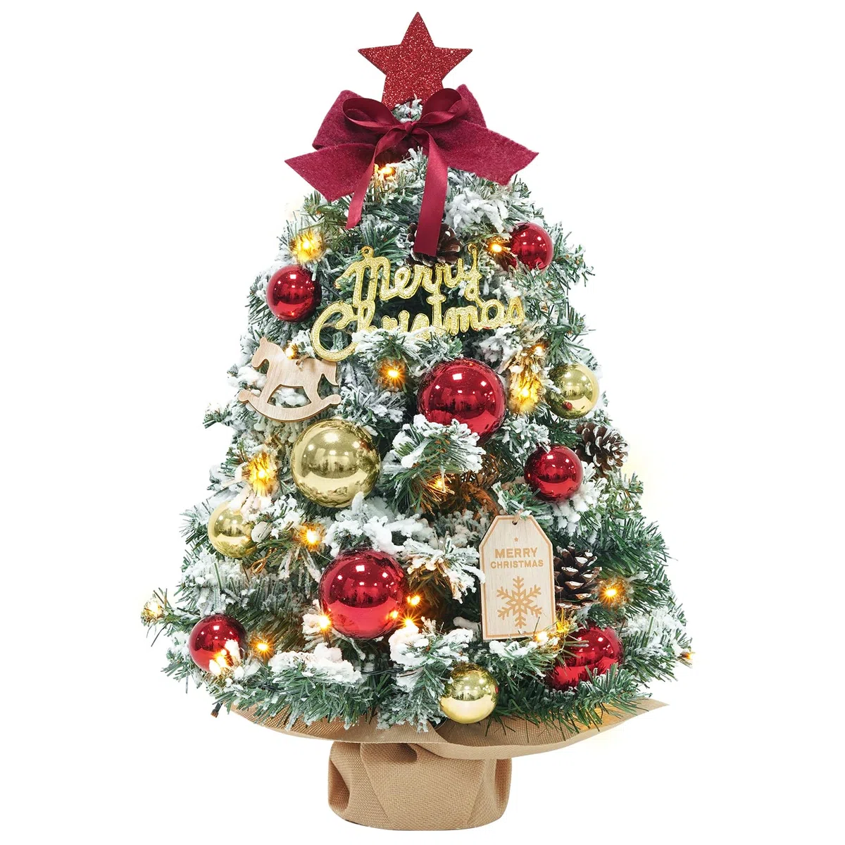 DEWUR Mini albero di Natale piccolo con illuminazione da tavolo a LED, piccolo albero di Natale decorato artificialmente, per decorazioni natalizie (60 cm, rosso con oro), F08-F11