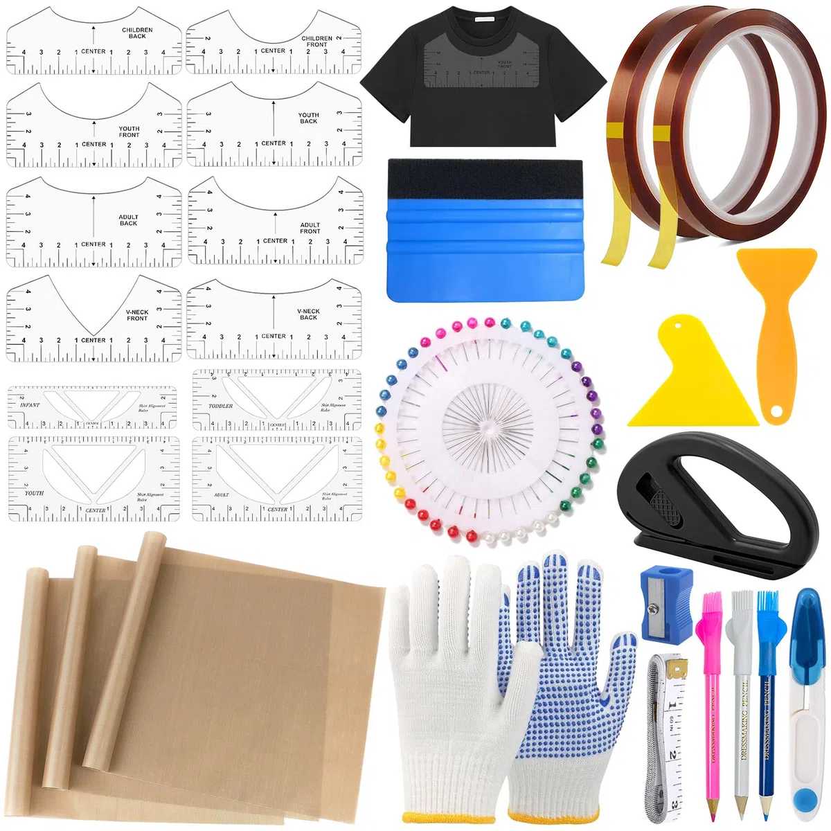 29 pezzi maglietta a sublimazione set di attrezzi per magliette, righello di allineamento, accessori con 3 pellicole di teflon per pressa di calore, 2 rotoli di nastro adesivo resistente al calore