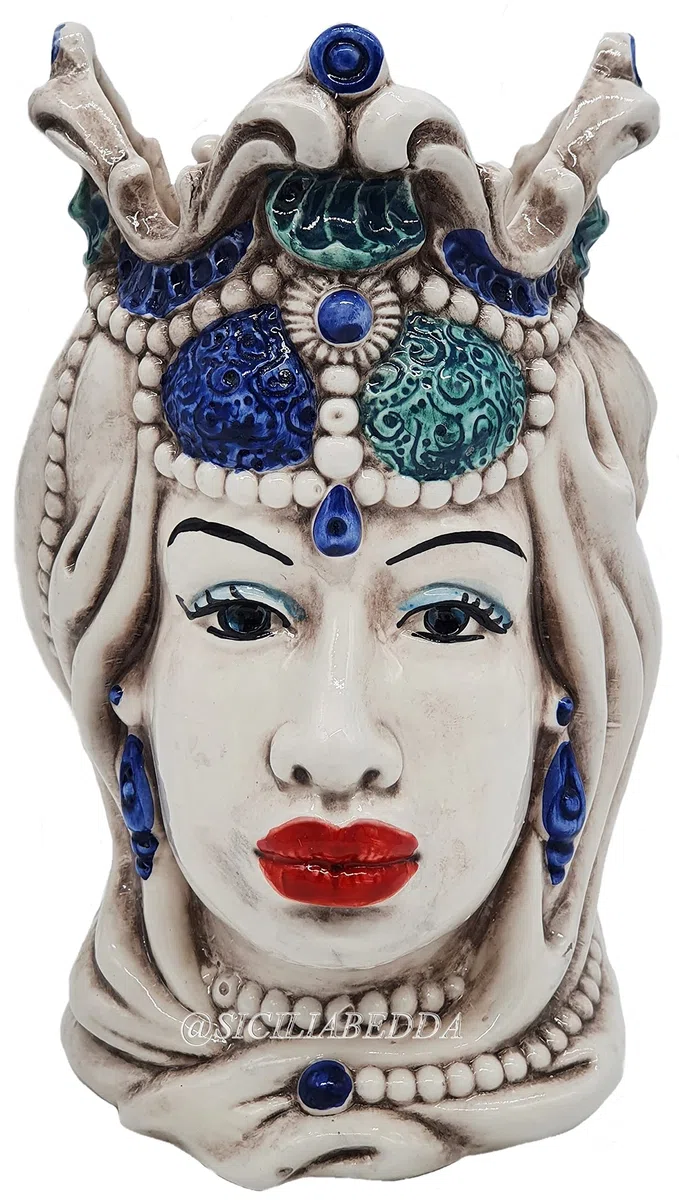sicilia bedda - Teste di Moro Siciliane in Ceramica di Caltagirone - Realizzato Interamente a Mano - Altezza 18 Centimetri (Testa di Moro Donna Blu)