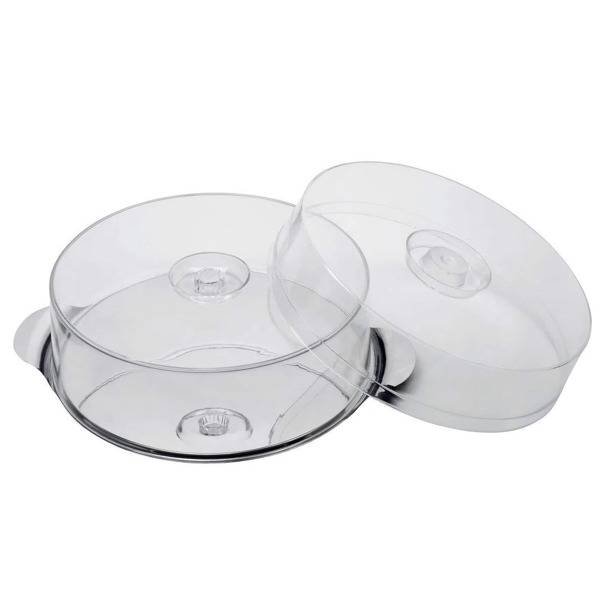 APS 652 Piatto per torta con 2 cappucci, in acciaio inox di alta qualità, con manici e 2 cappucci per torte (altezza 7 cm + 11 cm, 30 cm), durevole e impilabile, made in Germany, trasparente