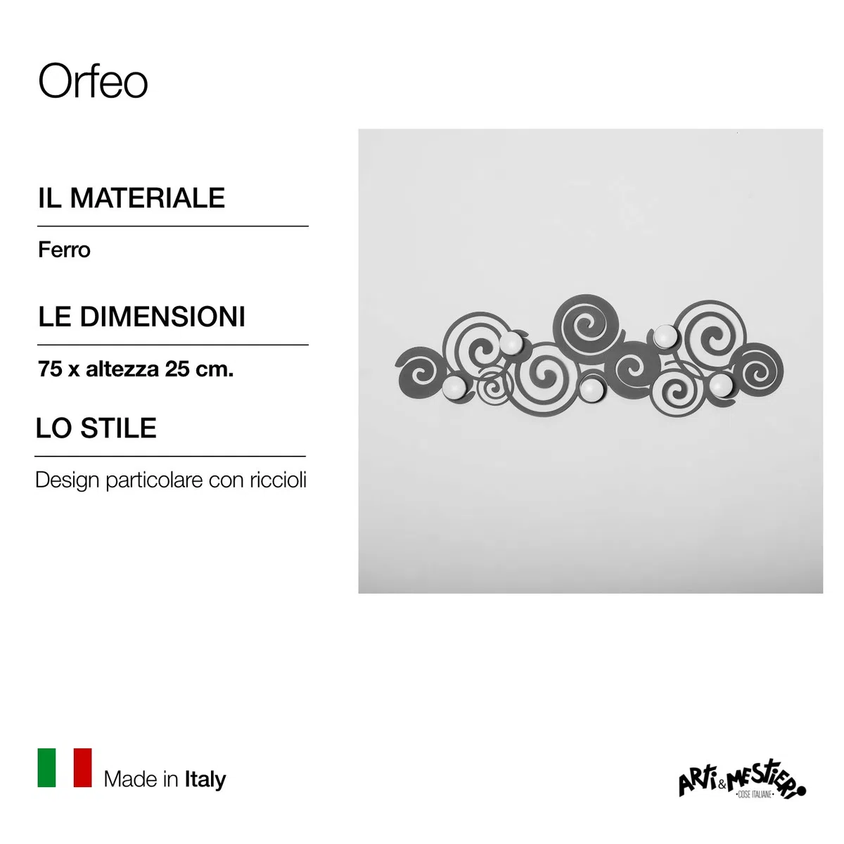Arti & Mestieri Orfeo - Appendiabiti di Design 100% Made in Italy - in Ferro, 75 x 25 cm - Fango