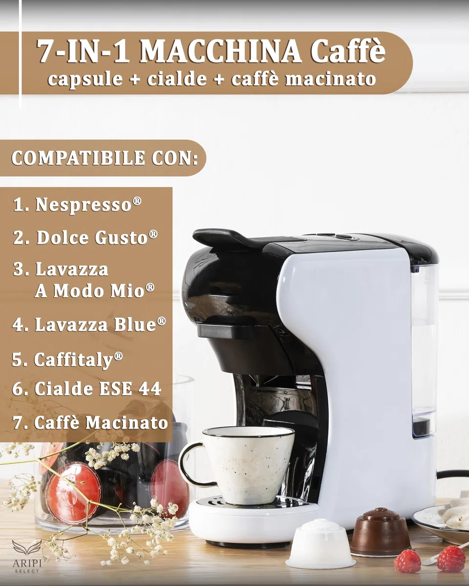 Macchina Caffè CIALDE e CAPSULE 7 in 1 Camry – Compatibile capsule Nespresso, Lavazza A Modo Mio, Dolce Gusto, Caffè Cialde ESE 44, Lavazza Blue, Caffitaly, Caffè Macinato – Kit con 10 Capsule Omaggio