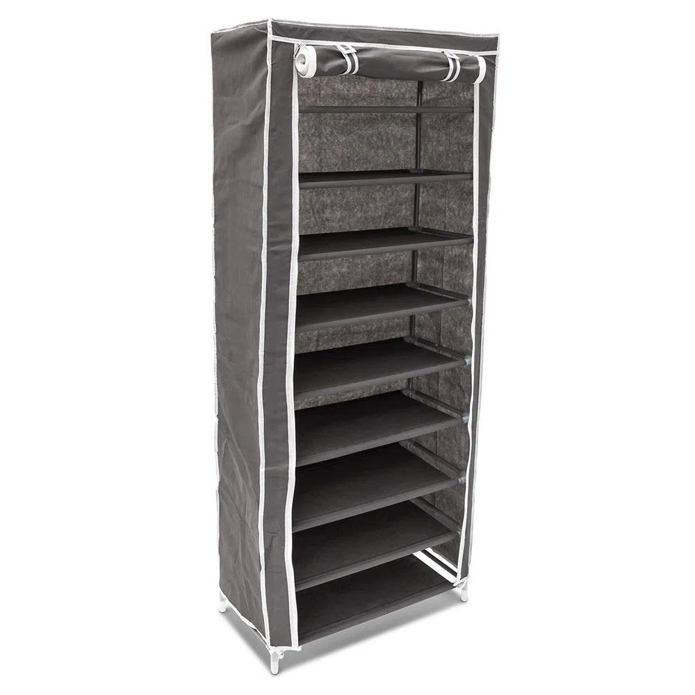 BAKAJI Scarpiera Armadio Salvaspazio 10 Ripiani 60x30x150cm Fino a 36 Paia di Scarpe Struttura Acciaio e Rivestimento in Tessuto TNT Impermeabile con Chiusura Zip Antipolvere (Grigio)
