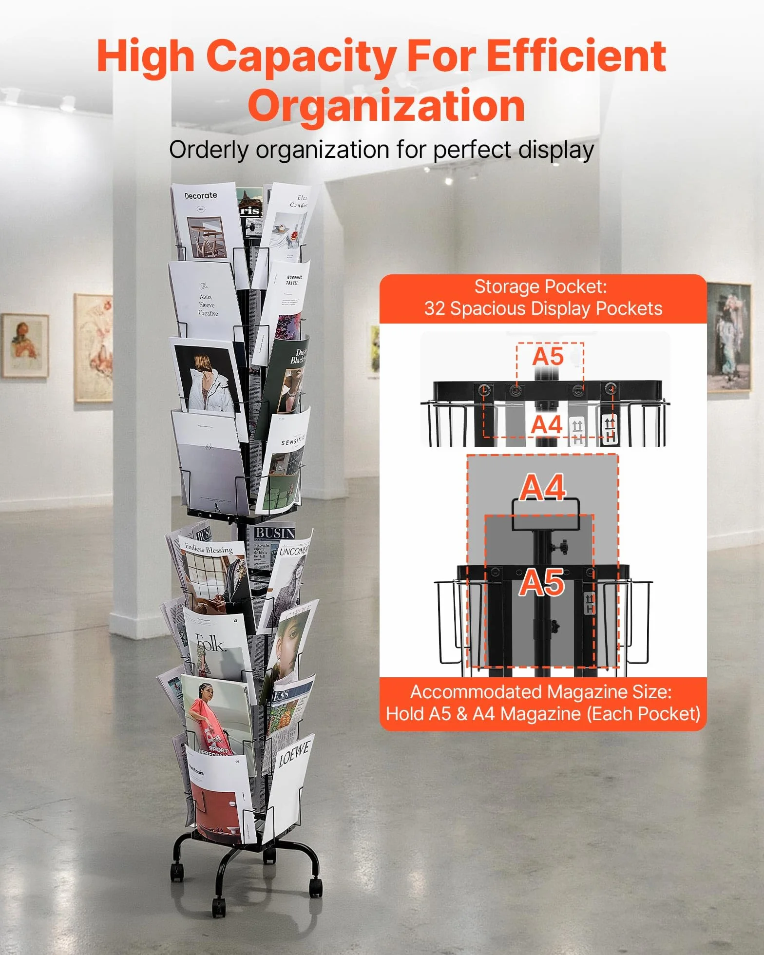 VEVOR Supporto Portariviste da Pavimento Girevole per Brochure e Cartoline con 32 Tasche, Espositore Girevole a 360° con 4 Ruote, Espositore da Terra per Brochure per Mostre, Uffici e Fiere