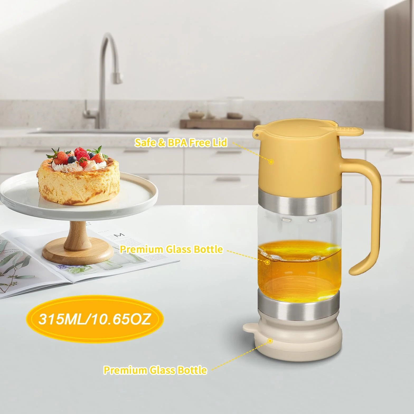 Tefola Dispenser per miele, in vetro, per sciroppo d'acero, antigoccia, con manico, accessori per caffetterie per pancake, caffè, ciotole per cereali, insalata, cucina e bar (giallo, 315ml)