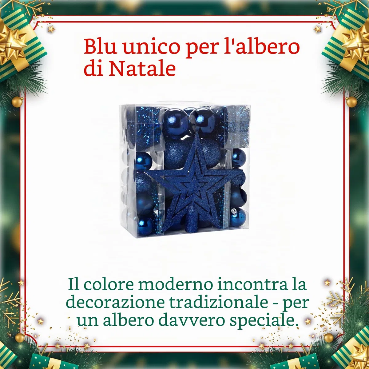 HEITMANN DECO - Addobbi per albero di Natale, colore blu, 45 pezzi, con puntale, palline, catene di perle e ghirlande, in plastica