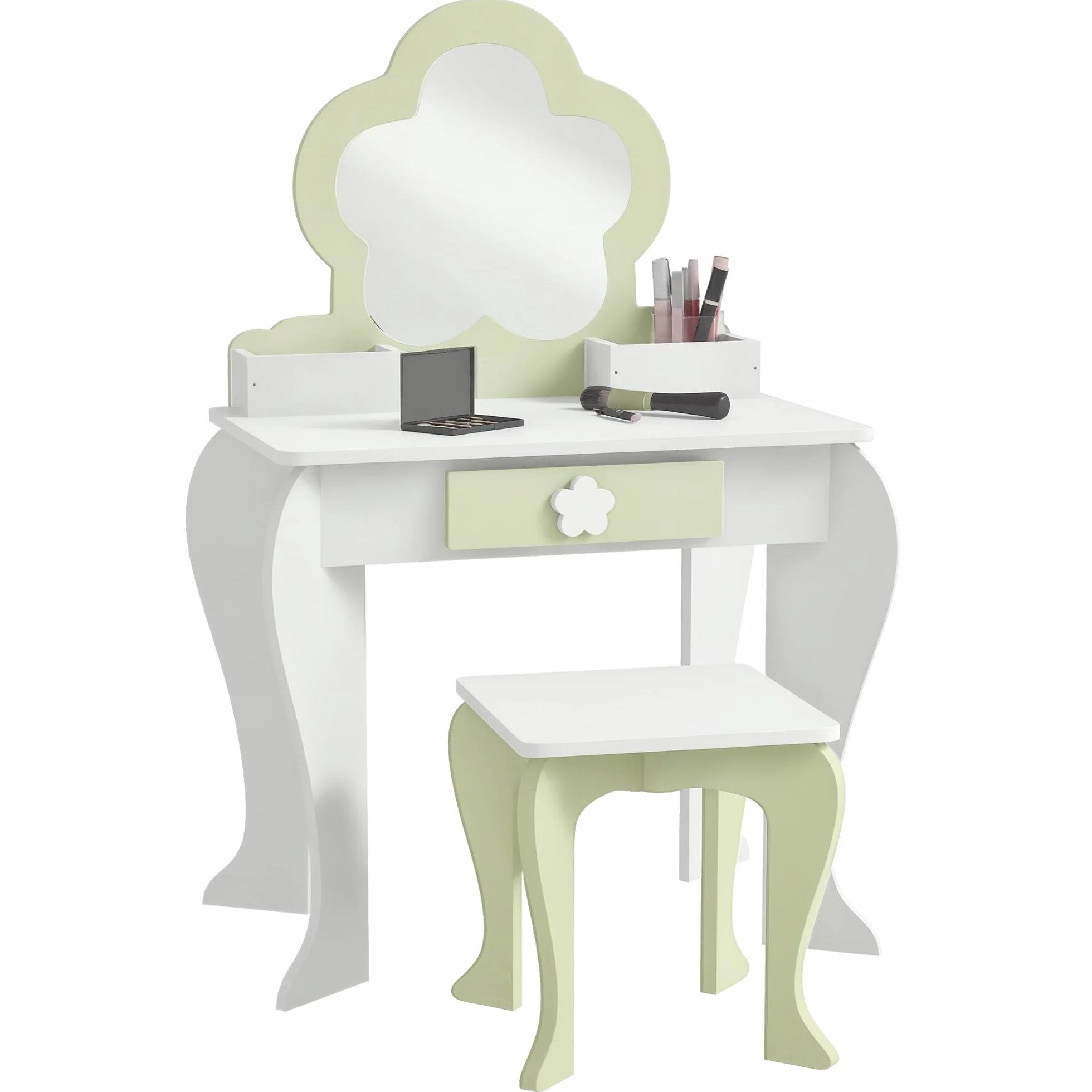 ZONEKIZ Set Toeletta con Specchiera Trucco per Bambina con Sgabello Abbinato, Tavolo Toeletta in Legno con Cassetto e Contenitori, Specchio a Fiore, Bianco