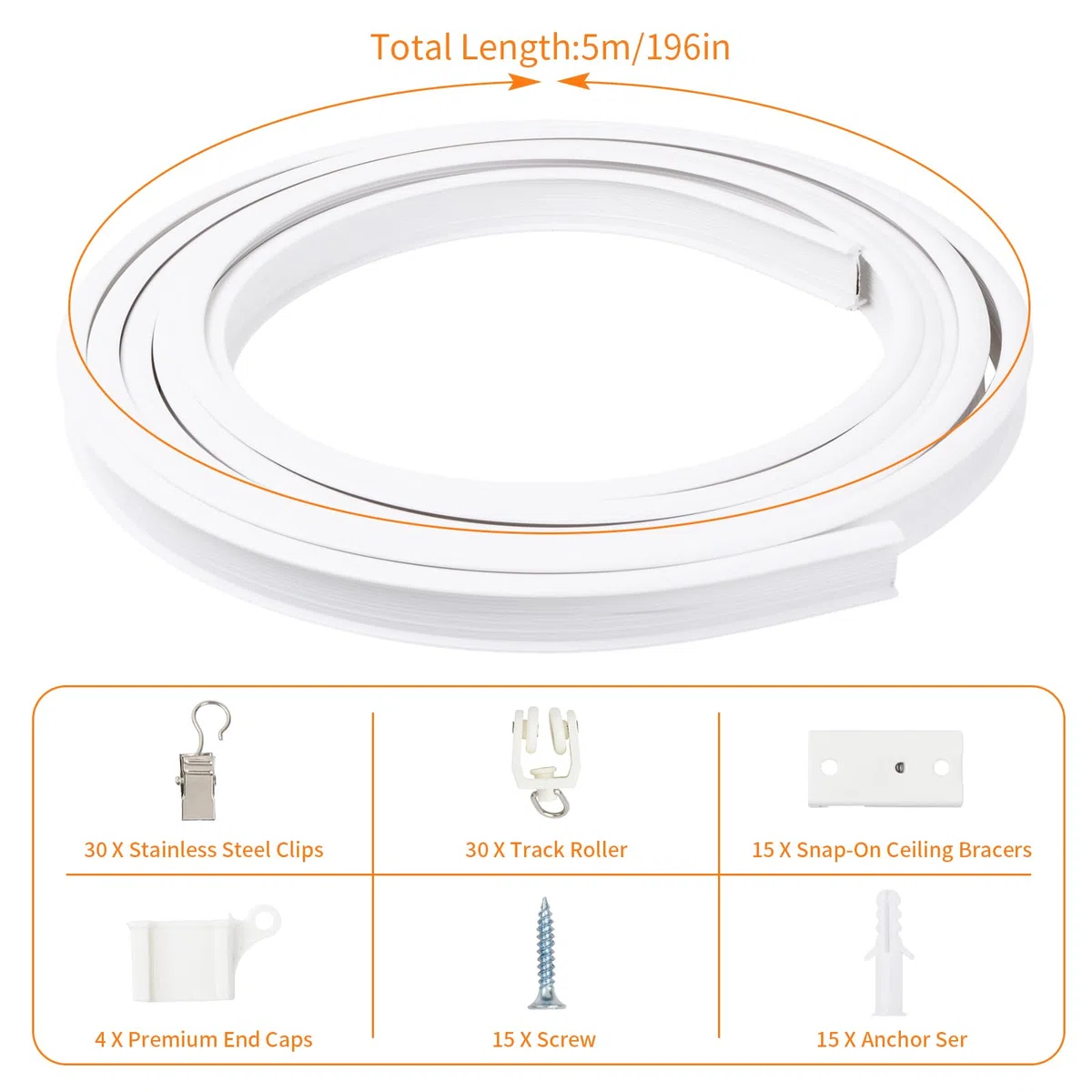 5 m Binario Curvo Tende a Soffitto, 110 Pcs Sistema di Binario Flessibile e Montaggio Accessori, Kit di Binari per Parete Finestre Stanze Divisore Tenda Doccia, Bianco (B)