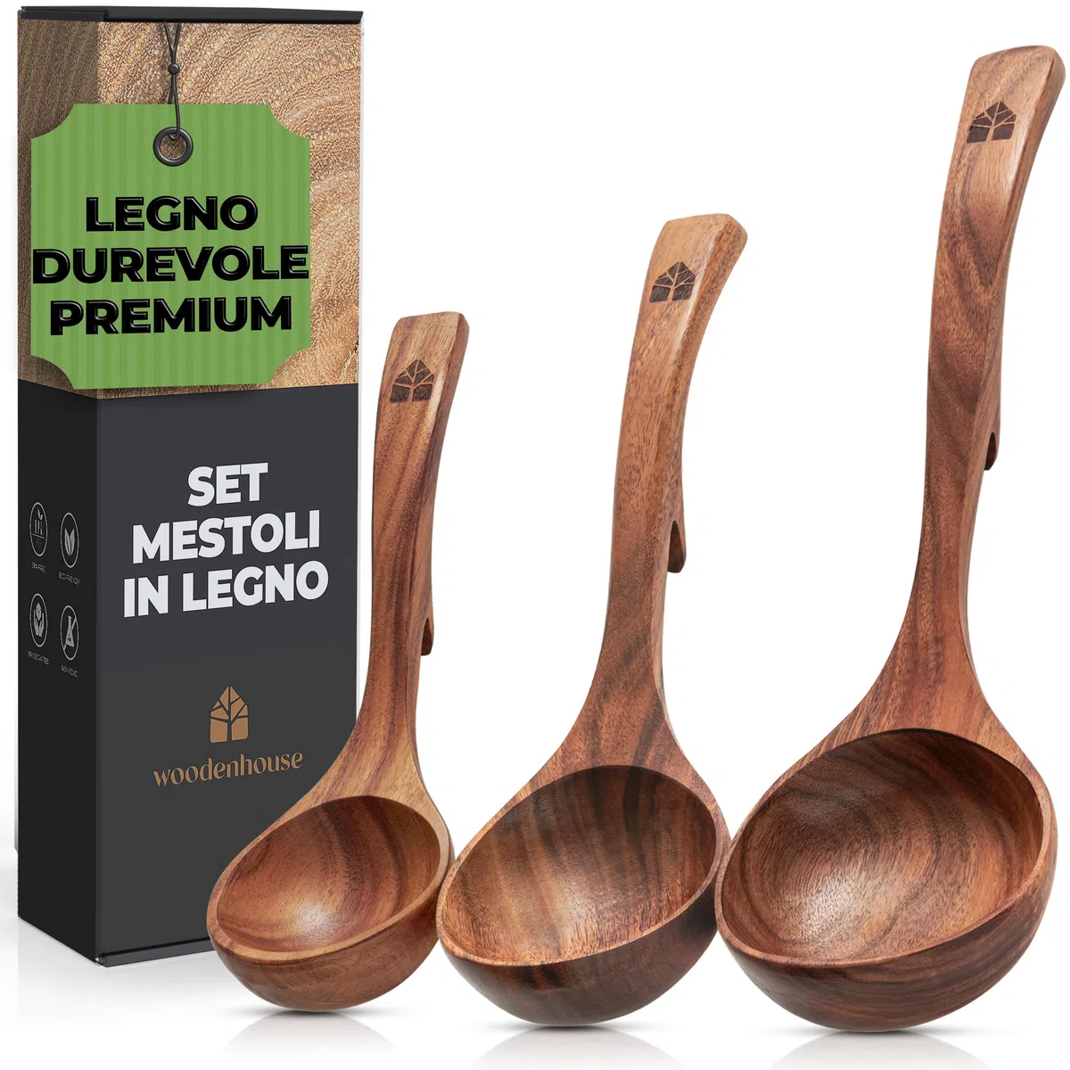 Set Mestoli Cucina Legno, Mestolo Zuppa, Antigraffio, Fatti a Mano con Ganci, Mescolare e Servire Alimenti, Minestre e Zuppe, 3 pezzi
