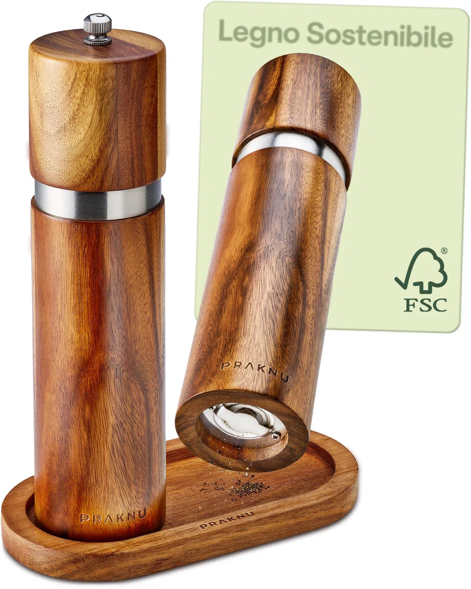 Set di Macinini per Sale e Pepe in Legno di Acacia - Con Protezione per il Tavolo - Legno FSC® Sostenibile - Meccanismo in Ceramica Durevole