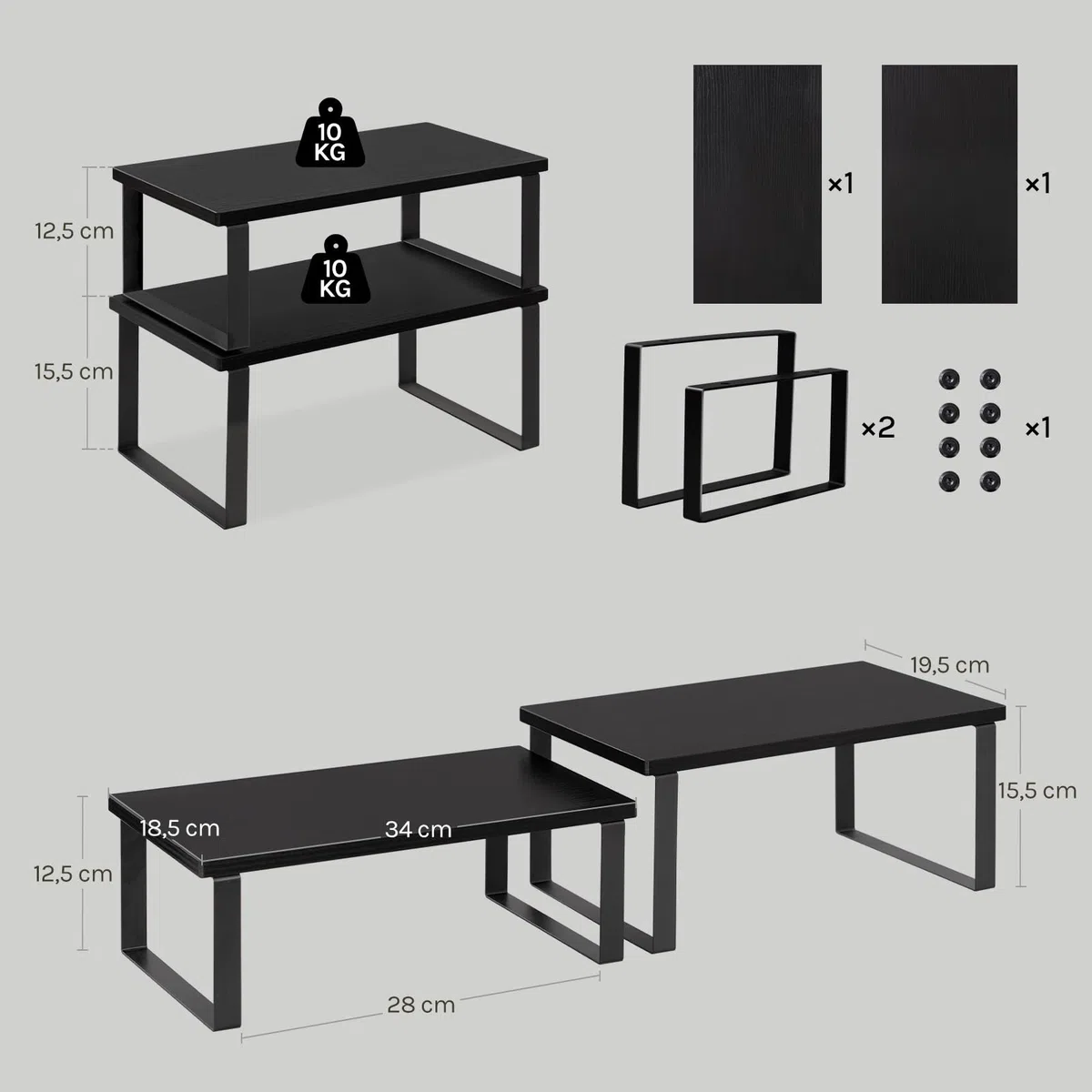 WOLTU Set di 2 Scaffali da Cucina, Porta Spezie Impilabili, Organizer da Cucina in MDF, Scaffali Indipendenti per Armadietti, 34x19,5x15,5+34x18,5x12,5 cm, Nero