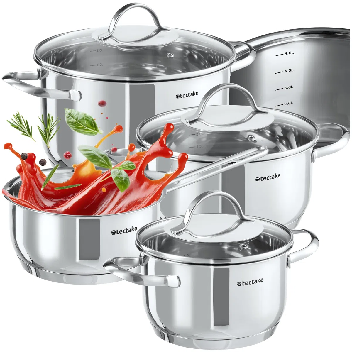 tectake® Set di Pentole, 7 Pezzi, Acciaio Inossidabile di Alta Qualità, Adatto a Induzione, Gas, Elettrico, 3 Pentole con Coperchio e Casseruola con Manico, Lavabili in Lavastoviglie