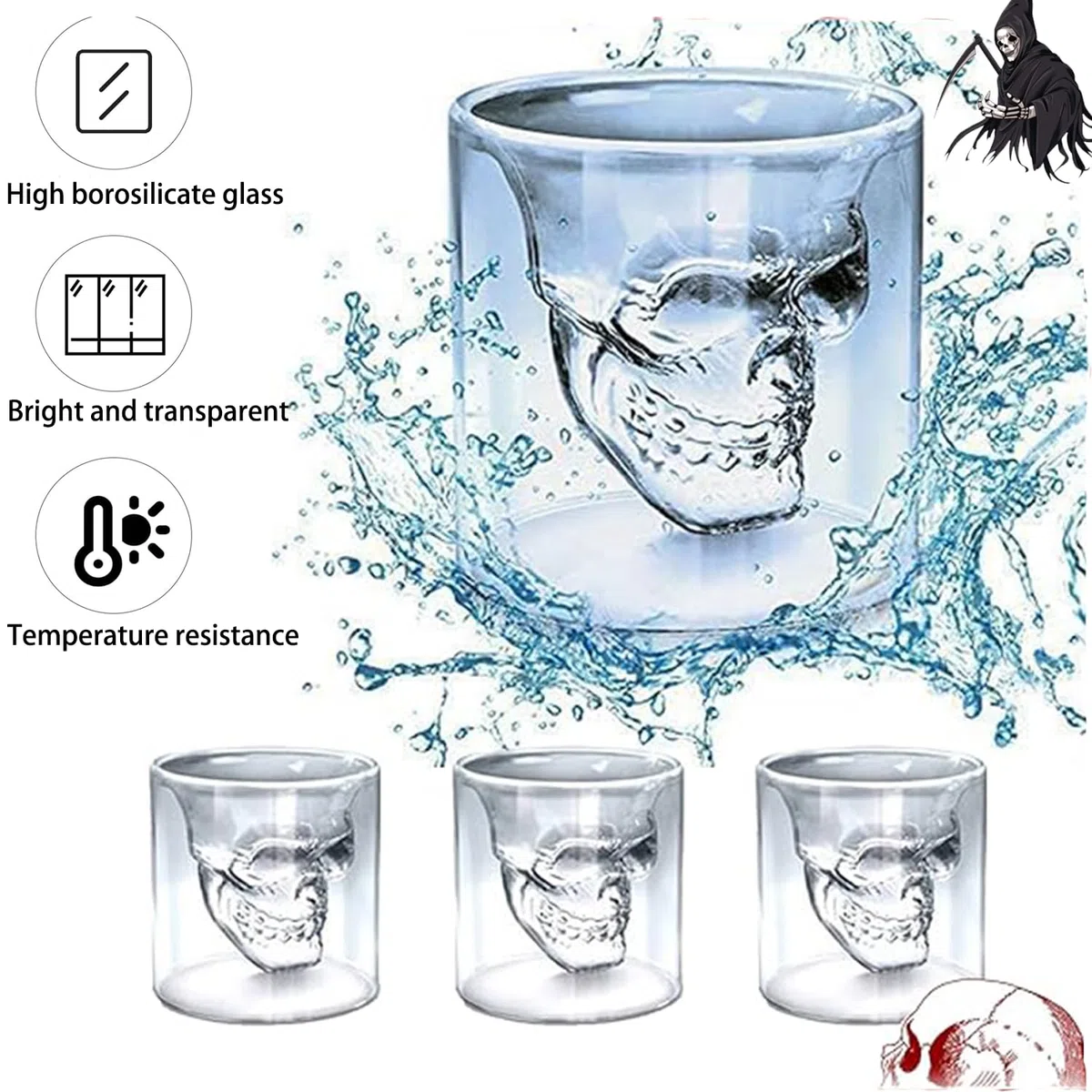 4 Pezzi 75 ml Bicchieri Da Liquore a Forma Di Teschio, Bicchieri Teschio, Tazze Da Caffè a Forma Di Cranio, Vetro Borosilicato Ad Alto Contenuto Di Boro, Trasparente, per Vino, Vodka, Feste, Domestico