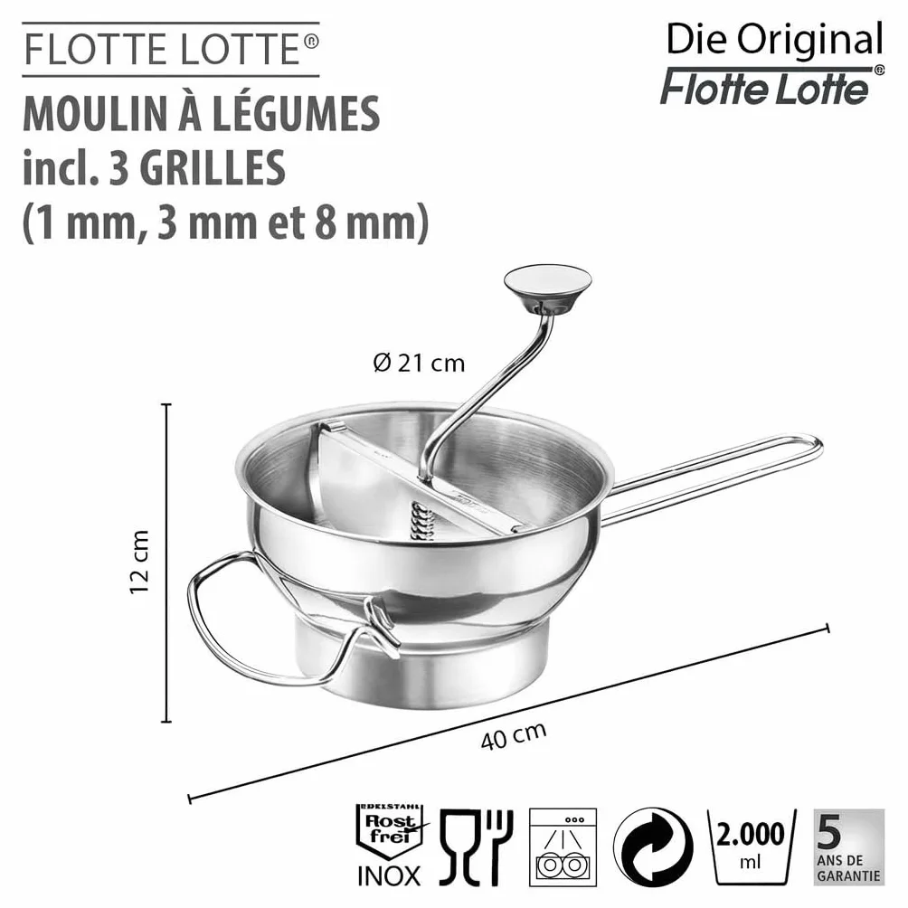 GEFU Passierino FLOTTE LOTTE® con 3 dischi forati da 1/3/8 mm | acciaio inox classico da cucina per verdure, frutta, marmellata e alimenti per bambini | con funzione di rimozione