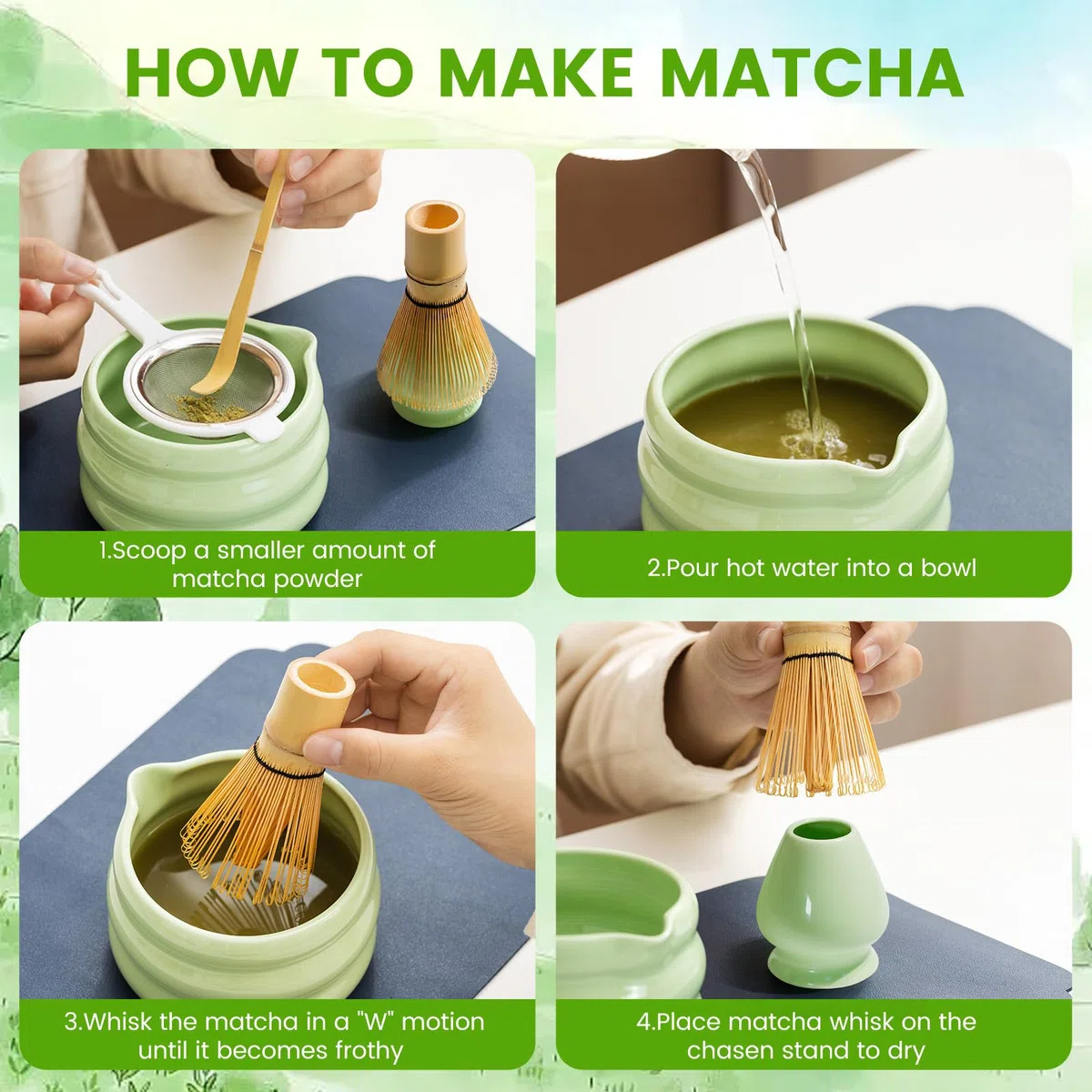 Kit da Cerimonia giapponese Matcha 4 Pezzi, Frusta Matcha Verde in Resinoso, Cucchiaio in Bambù, Paletta in Bambù, Porta Frullino, Matcha Set per la bevanda