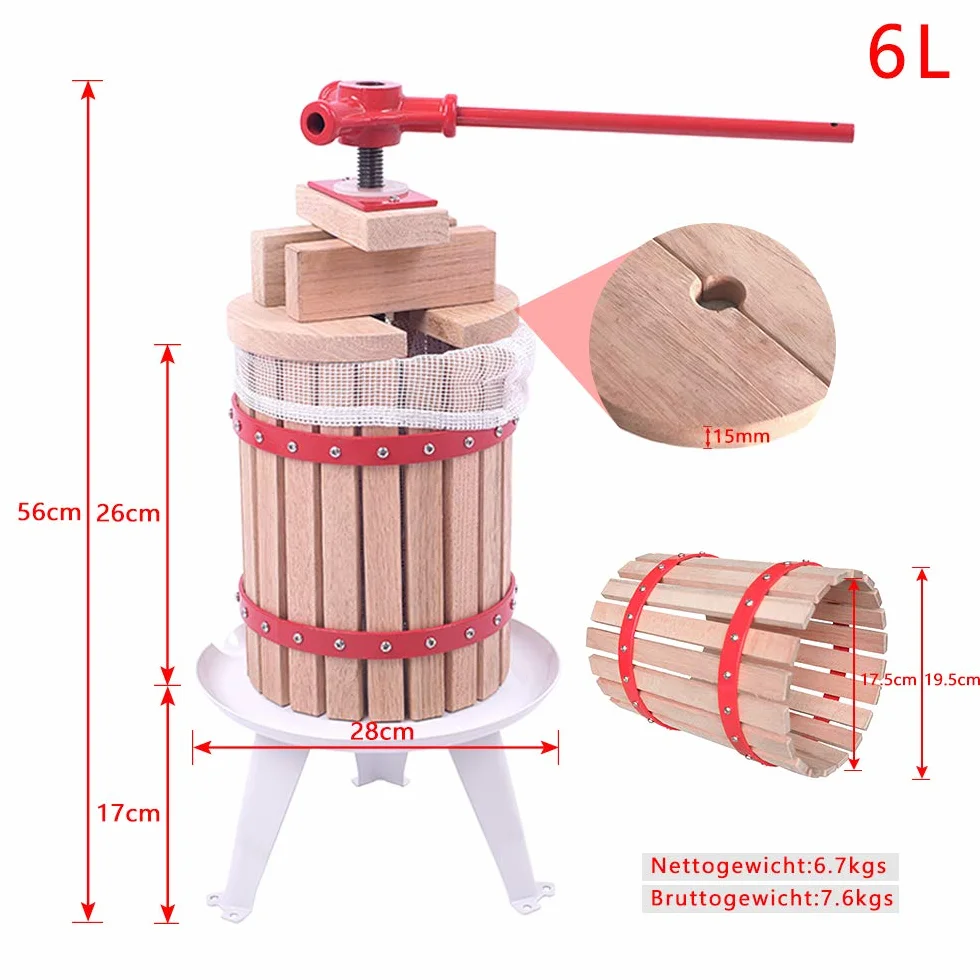 LZQ - Pressa per frutta da 6 l, spremiagrumi e pressa per frutti di bosco, mele, vino, macinino meccanico per frutta, con panno per filtrare