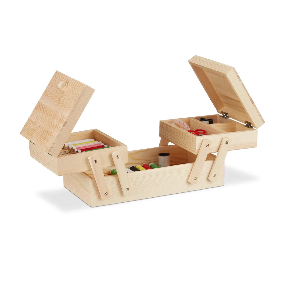 Relaxdays Scatola da Cucito in Legno, 5 Scomparti, Pieghevole, Vuota, Manici, Aspetto Naturale, 12x26x15,5 cm, Naturale