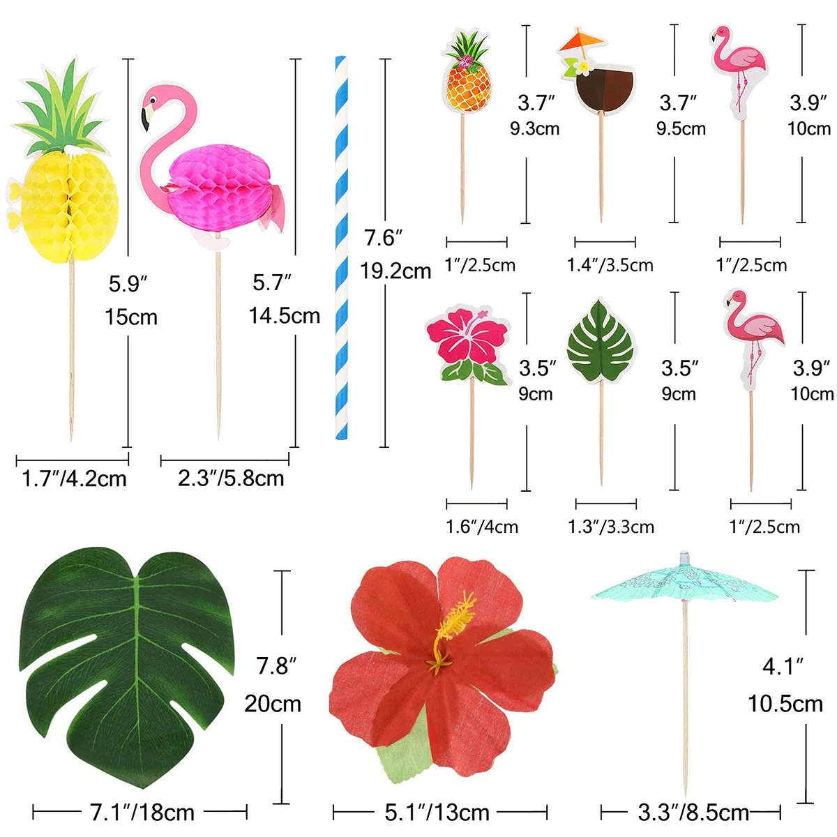 185 Pezzi Gonna Tavolo Hawaiana Tropical Tovaglia da Tavolo Set Luau Decorazioni con Foglie di Palma Fiori hawaiani Cake Topper ombrelli cannucce per Decorazioni da Tavola Hawaiane Luau Party