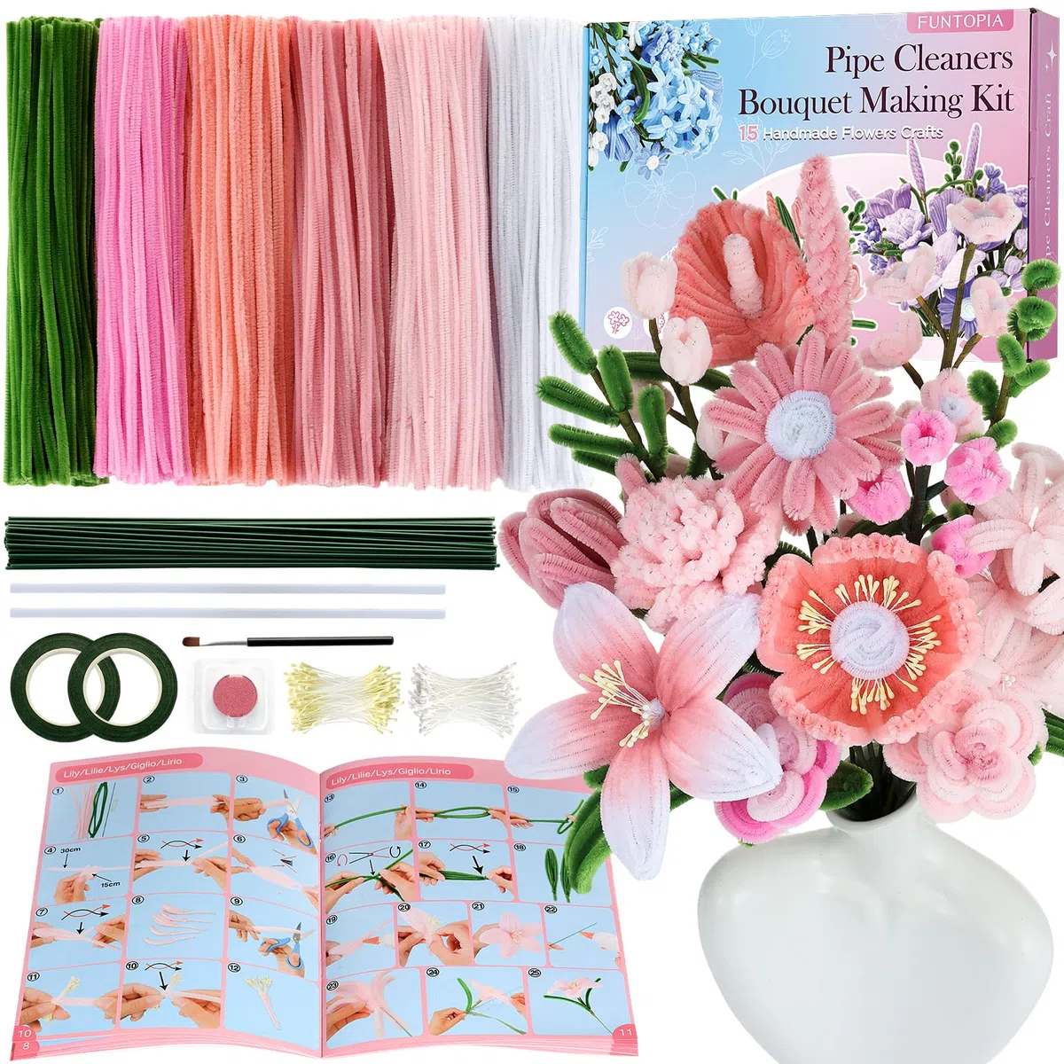 540 pulitori per tubi, 6 colori sfusi con 15 disegni guida, kit per la creazione di fiori con steli di ciniglia, stami, fili e nastro floreale, bouquet fai da te e decorazioni per feste, rosa