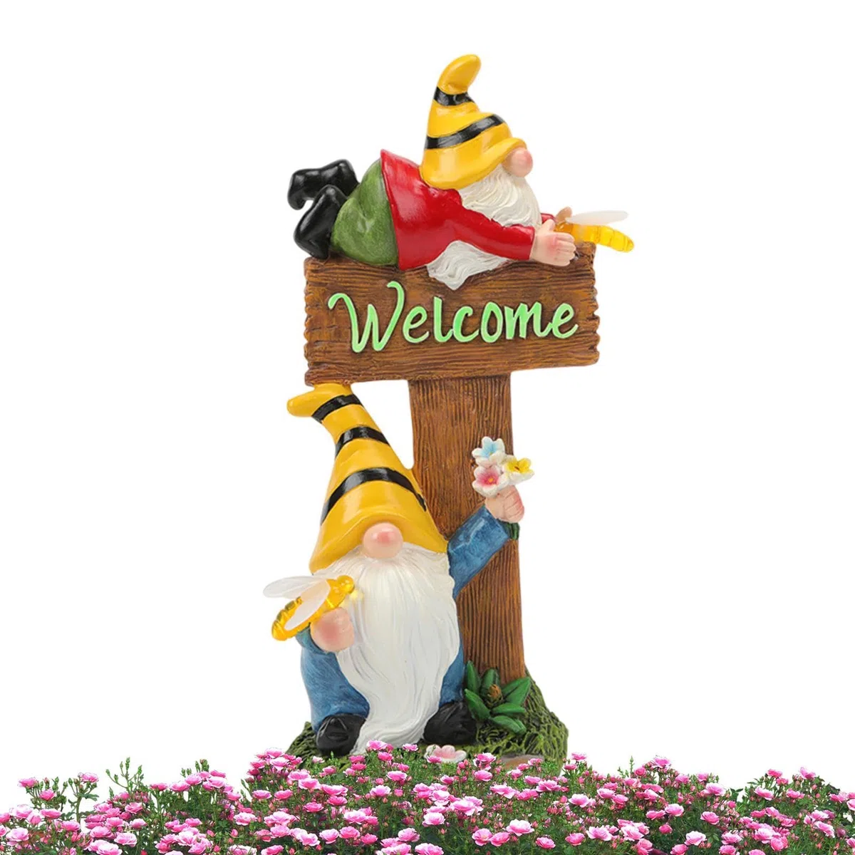 Decorazioni a forma di gnomi – 20 cm dipinto, finitura in pietra, contorno a cappello appuntito, struttura rustica invecchiata, statue illuminate notturne, base piatta autoportante per prato
