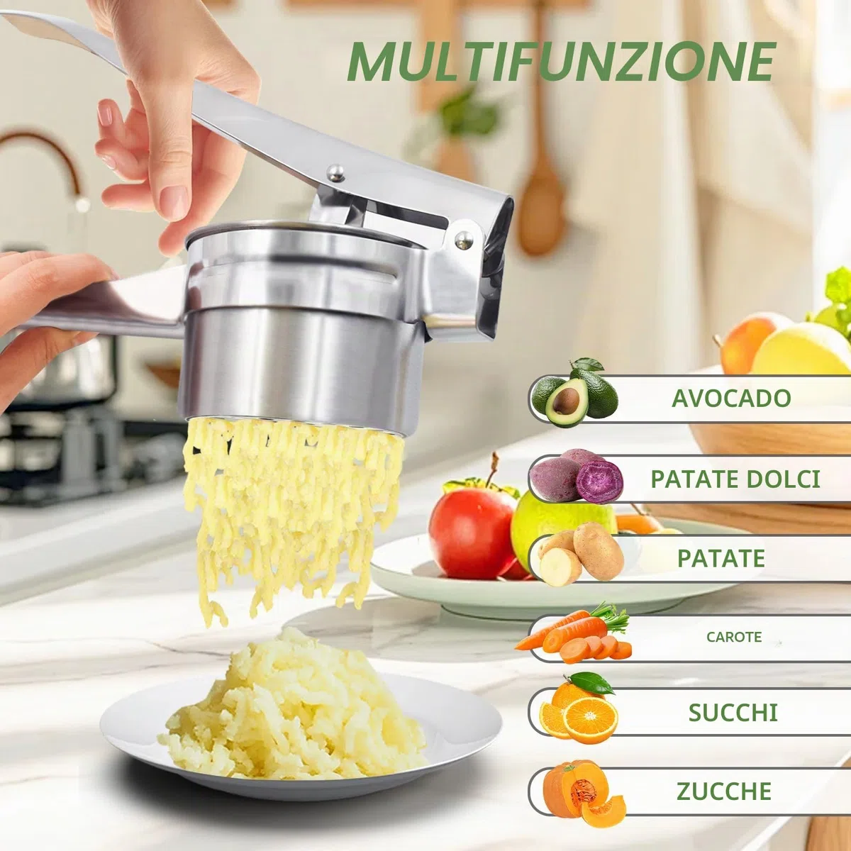 Schiacciapatate Manuale in Acciaio Inox, Professionale Potato Ricer, Pressa per Purè di Patate Liscie, Marmellata, Verdure E Frutta, con 3 colini sostituibili (Fine Medio Grossolano)