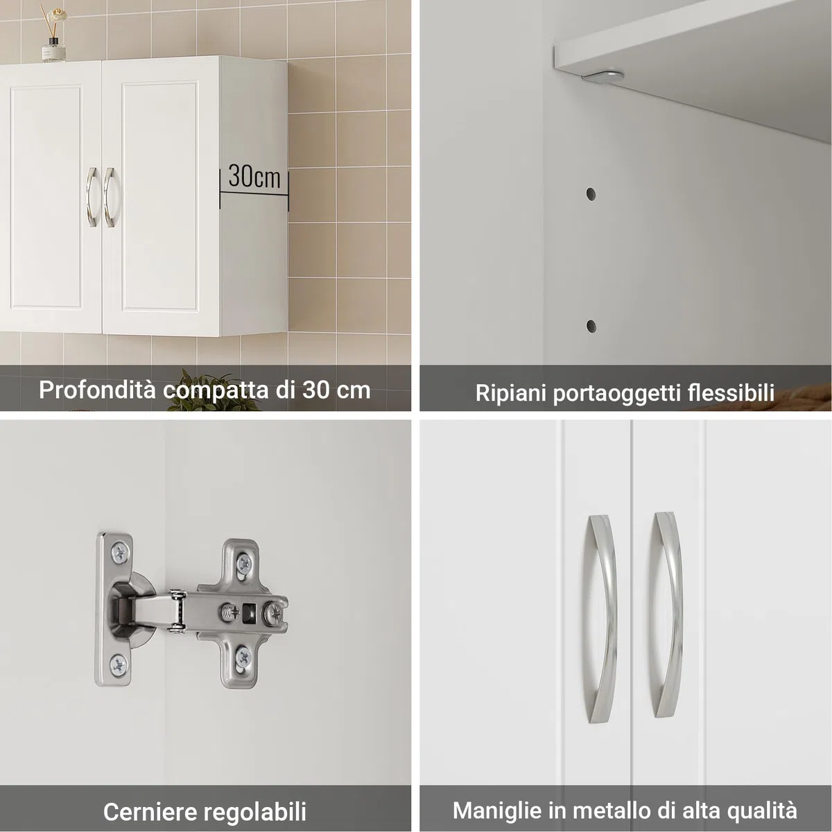 SoBuy Pensile Cucina Sospeso - Mobile Cucina con Ante Bianco Mobile Pensile da Muro Salvaspazio in Legno 60x30x60 cm con Ripiani Regolabili Dispensa Moderna FRG231-W