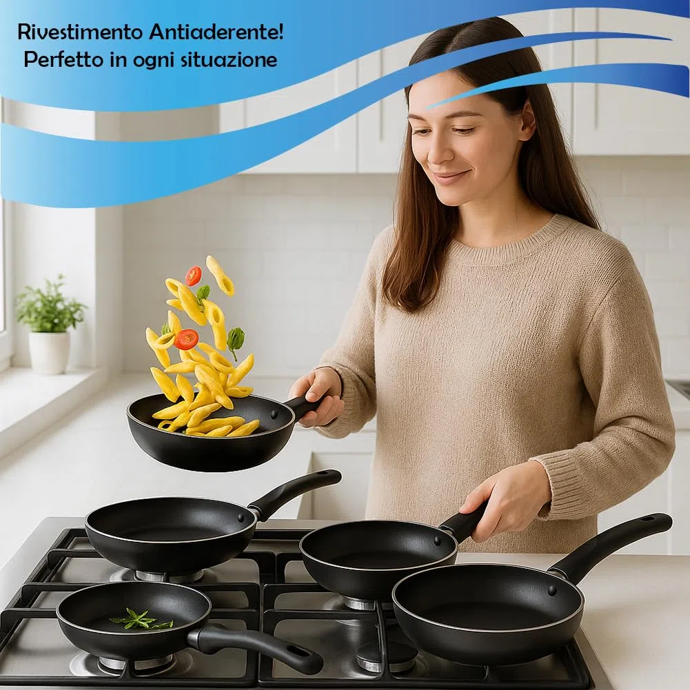 BAKAJI Set 4 Padelle Vulcano Diametro 16-20 - 24-28 cm Made in Italy, Rivestimento Antiaderente PFOA Free, Cottura Omogenea, Manico Atermico Cool e Soft Touch, Ideale per Fornelli a Gas