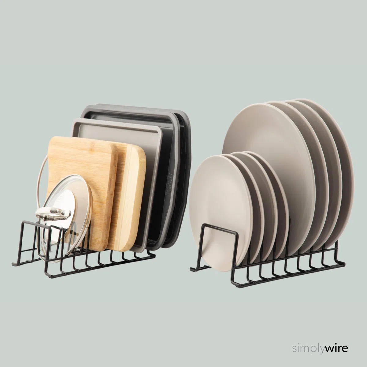 simplywire - Confezione da 2 - Rastrelliera per Piatti/Scolapiatti - Organizer per Credenze da Cucina - Acciaio Rivestito in Plastica Nera - Piccolo