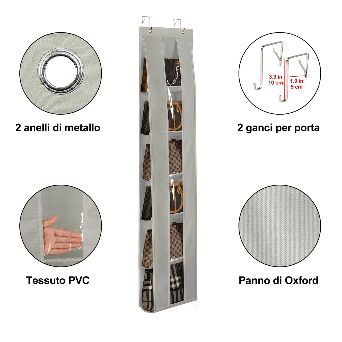 Lirex Organizer per Borse da Porta, Confezione da 2 con 6 Ripiani, Salvaspazio per Porta o Armadio, Per Stoccaggio e Organizzazione Borse, Appendiaborsa, Grigio