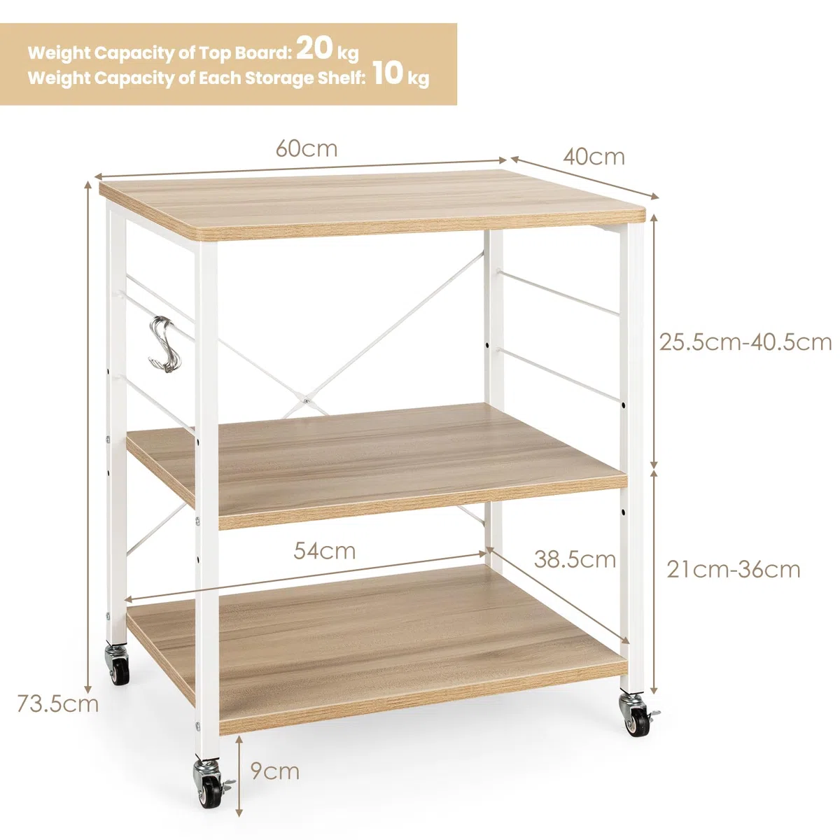 HOMASIS Carrello Porta Stampante a 3 Livelli in Legno, Carrellino con Ruote Portatutto con 10 Ganci, Struttura a X, Ripiani Regolabili 2 Ruote con Freni, Scaffale Multiuso per Ufficio (Beige)