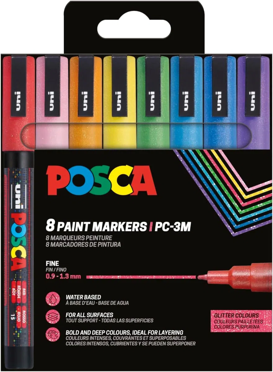 POSCA 186539 - Set di pennarelli POSCA, 8 penne acriliche glitter PC-3M, pennarello permanente 0,9-1,3 mm punta tonda