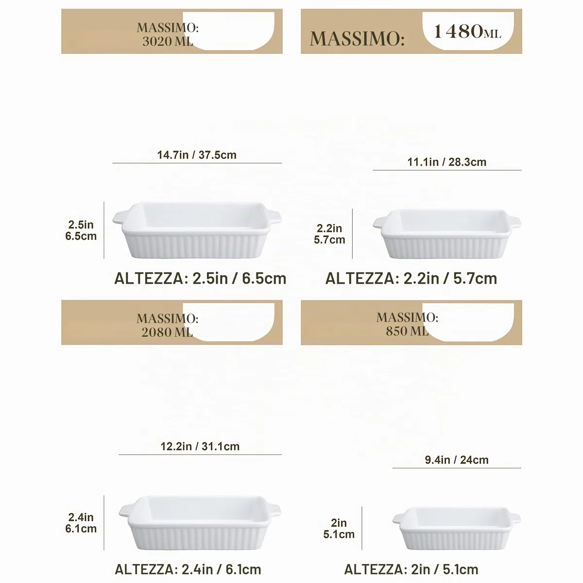 MALACASA Serie BAKE, Pirofile da Forno Rettangolari per Lasagne, Set di 4 Teglie da Forno in Ceramica 3020, 2080, 1480, 850 ml, Pirofila Ceramica Grande Antiaderenti Bianca