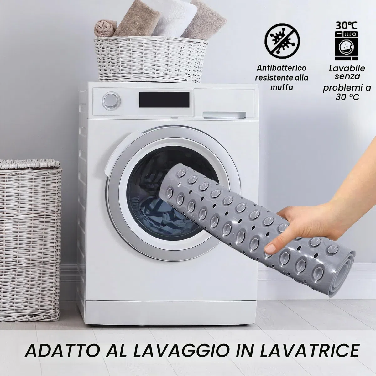 Tappetino Doccia, 60 x 90 cm Tappeto Doccia Quadrato Lavabile in Lavatrice con Ventosa, Tappeto Doccia in PVC Antiscivolo, Tappeto Massaggiante Antiscivolo per Doccia, incl. 2 Ganci, Grigio