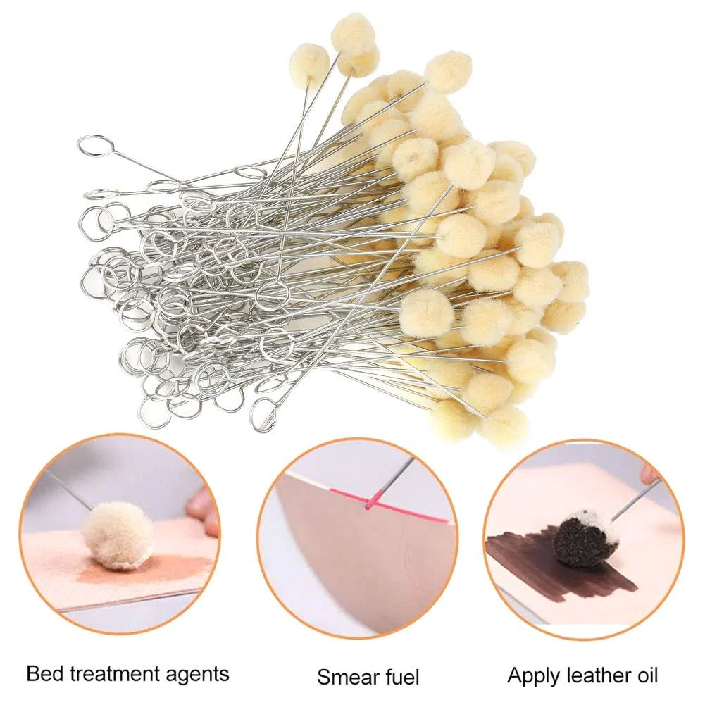 100Pcs Strumento per Tintura in Pelle, Pennello per Palline di Tintura Oleosa in Lana, Dauber con Manico in Metallo, Strumento Artigianale Fatto a Mano per Lavori in Pelle