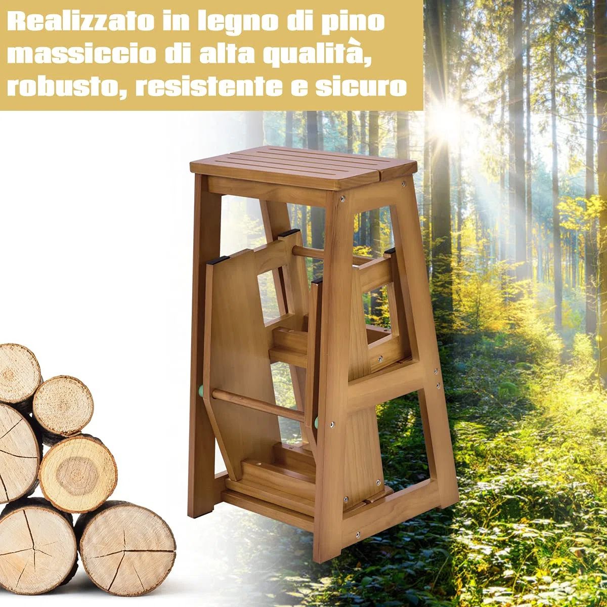 DREAMADE Sgabello Scaletta in Legno Sedia Scala Richiudibile a 3 Gradini per Casa Negozio (Marrone Chiaro)