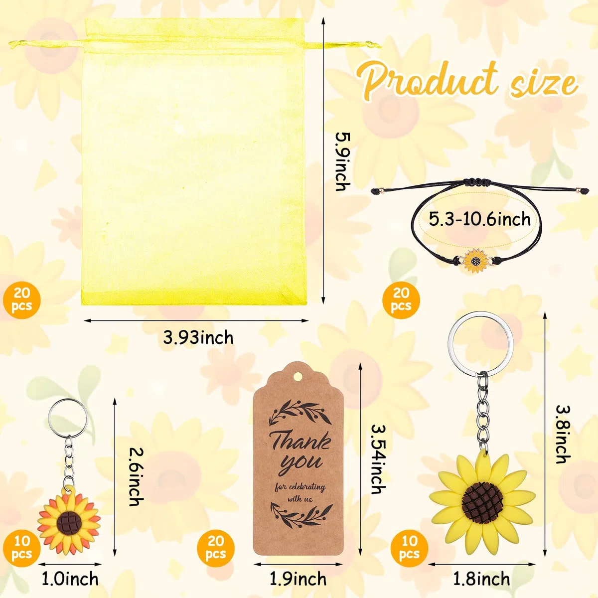130 regali per feste a forma di girasole con portachiavi con girasole regolabili, adesivi per girasole, etichette di ringraziamento, sacchetti in organza per compleanni, matrimoni, feste estive