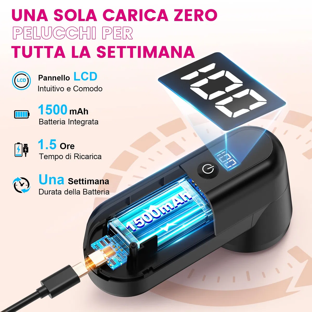 Ziitty Leva pelucchi Elettronico, Viene Fornito con 3 Lame da 6 in Omaggio, Display LCD, Cavo di Ricarica Type-C, Piccola Spazzola, Adatto a Tutti i Tessuti, Grande Regalo di Famiglia per le Donne