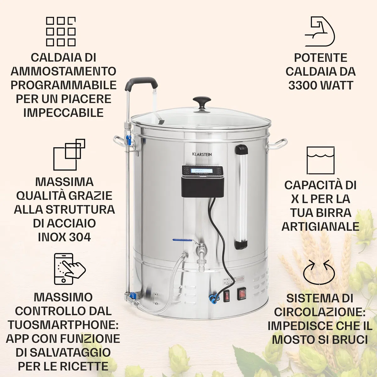KLARSTEIN Kit Birra Artigianale Completo, Fermentatore Birra da 65L, Kit per Fare la Birra in Casa in Acciaio Inossidabile, Kit Birra Fai da Te, modalità Automatica, 3300W, Auto-Mode, Smart App