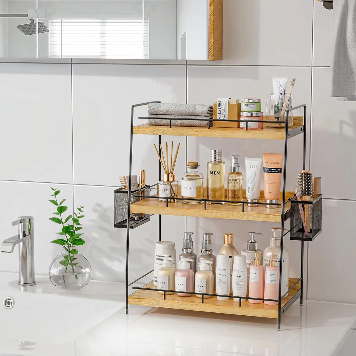 Organizzatore da Banco per il Bagno con 2 Cestini, Contenitori per Cosmetici a 3 Livelli, Piccolo Scaffale in Legno per Spezie, Organizer per Bagno, Scrivania, Ufficio, Cucina, Casa