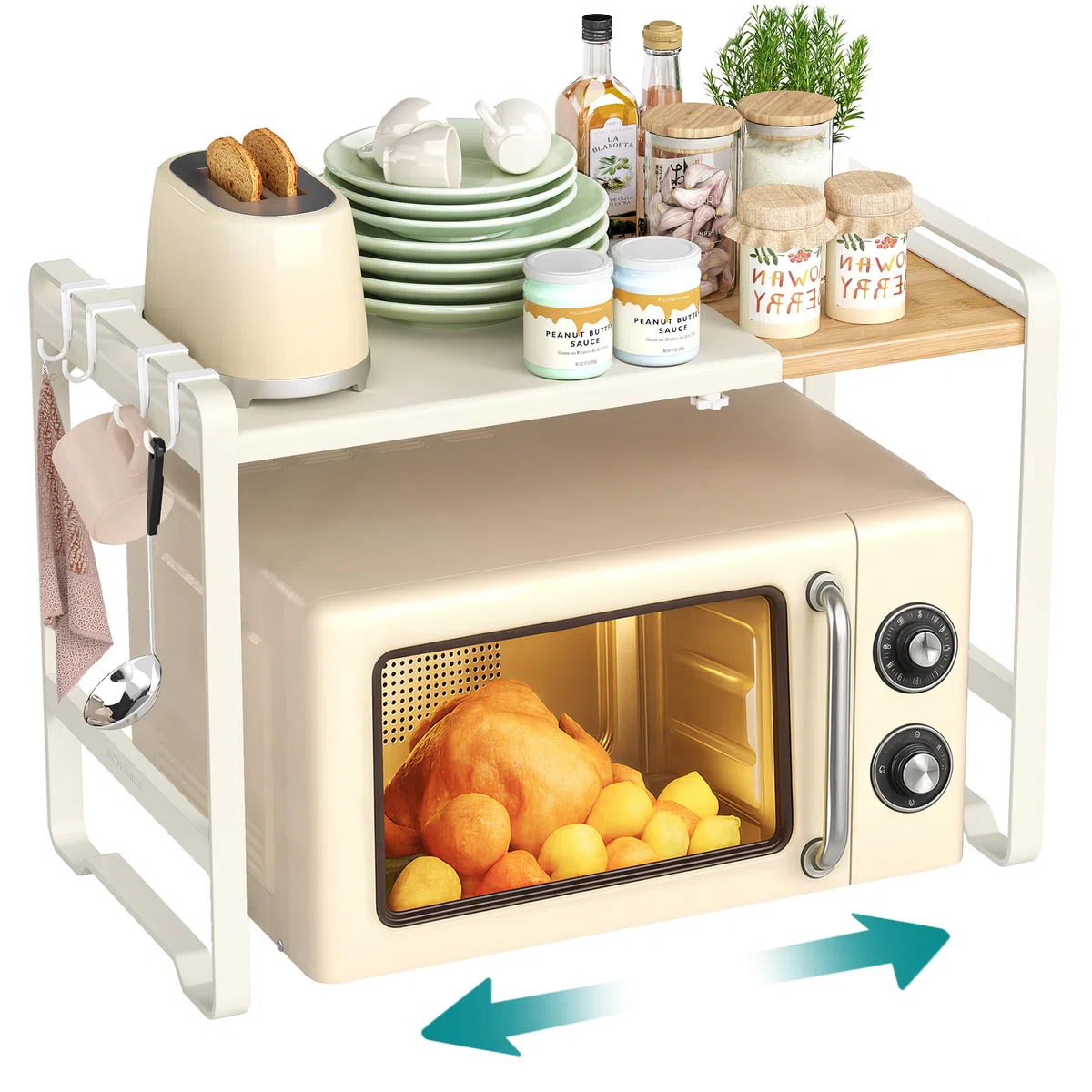 SONGMICS Mensola Microonde Estensibile, Scaffale Supporto Forno a Microonde, Larghezza Regolabile da 41,5 a 64 cm, Cucina, Acciaio e Bambù, 4 Ganci, Bianco Crema e Bambù Chiaro KCS060W01