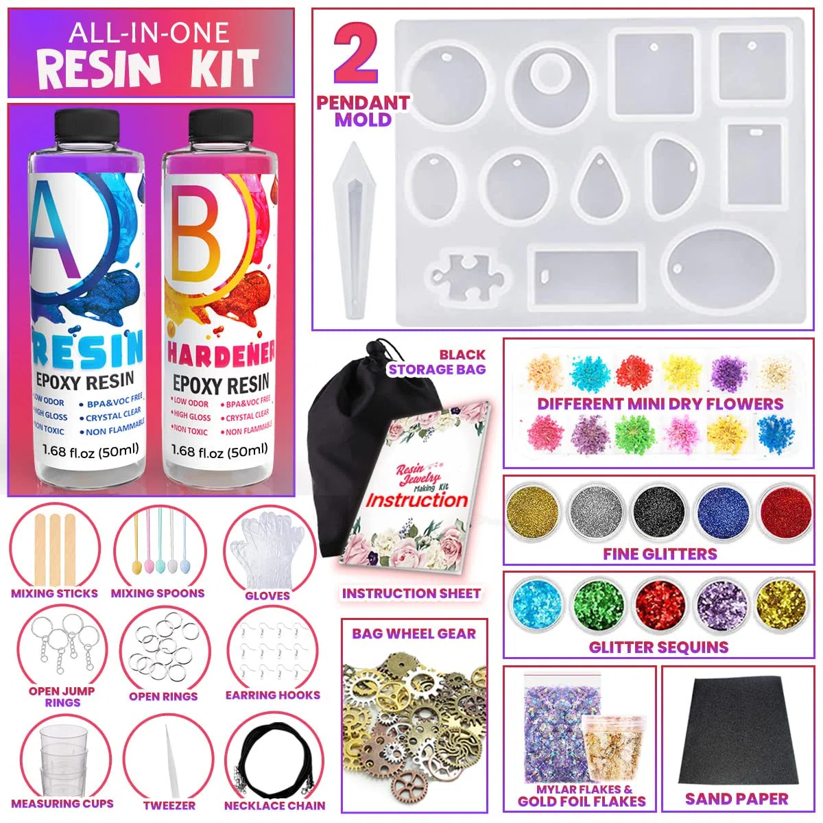 Goody King Kit Resina Epossidica Trasparente per Principianti - Set Completo con Stampi e Accessori per Creare Gioielli - Kit Resina Epossidica Completo per la Creazione di Gioielli, Fai da Te