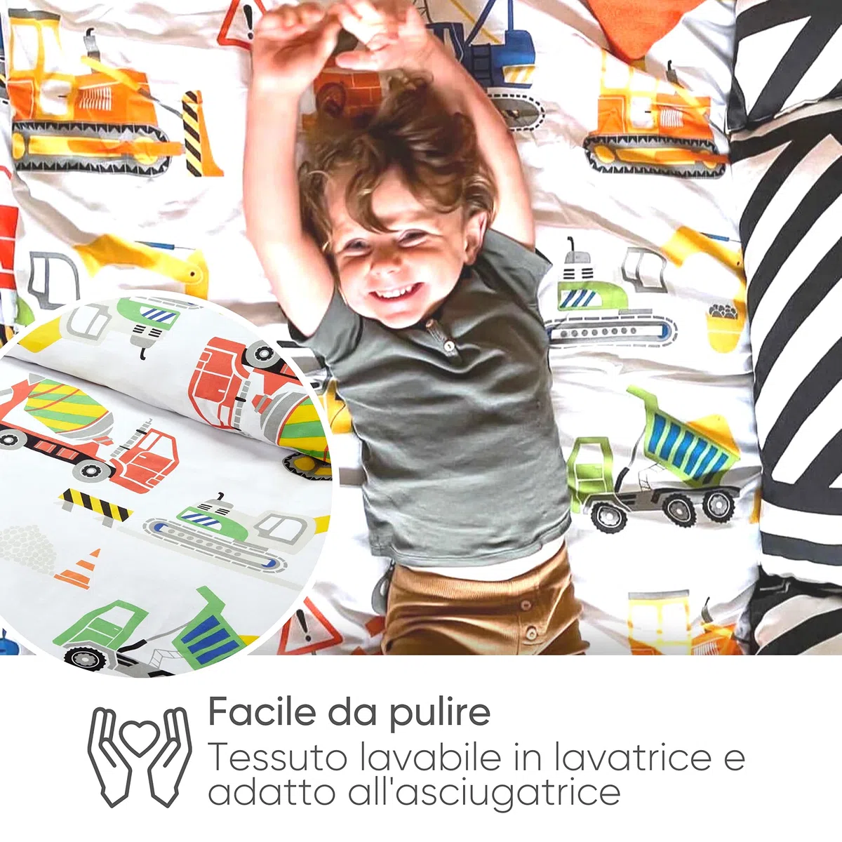 Bloomsbury Mill - Set Copripiumino Singolo Bambino e Bambina - Escavatrici, Camion e Gru - Lenzuola Letto Singolo Reversibile - Set di Biancheria da Letto per Bambini - 135x200cm e Federe