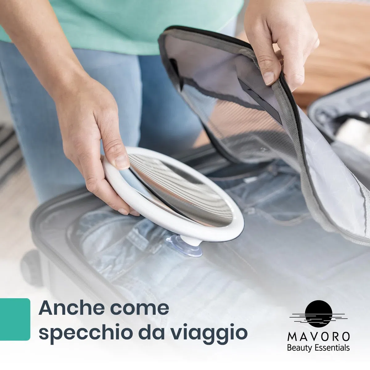 Mavoro Specchio Ingranditore LED 17 cm con 3 ventose forti | Ingrandimento 10X | Specchio trucco & cosmetico da viaggio portatile illuminato (batteria integrata ricaricabile USB-C | 10X)